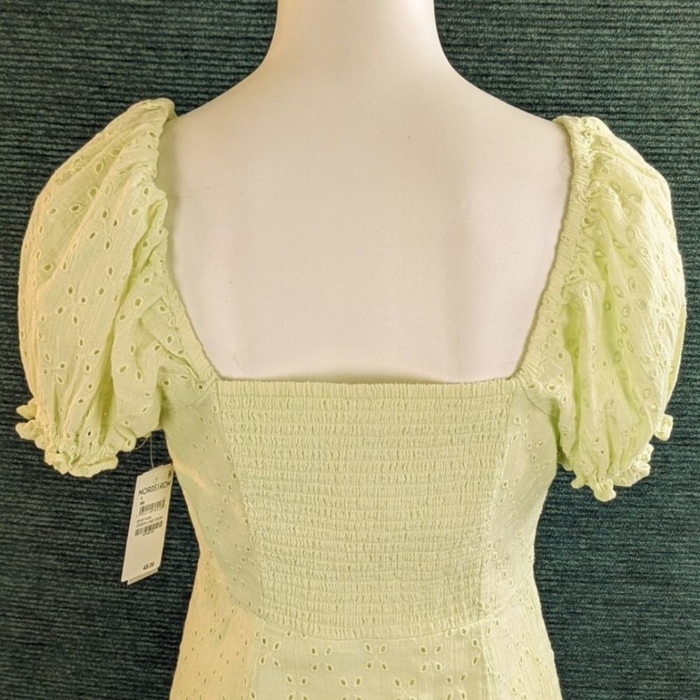 BP Eyelet Mini-Dress, Button Front Puffed Sleeves Lemon Lime Color - Picture 7 of 12